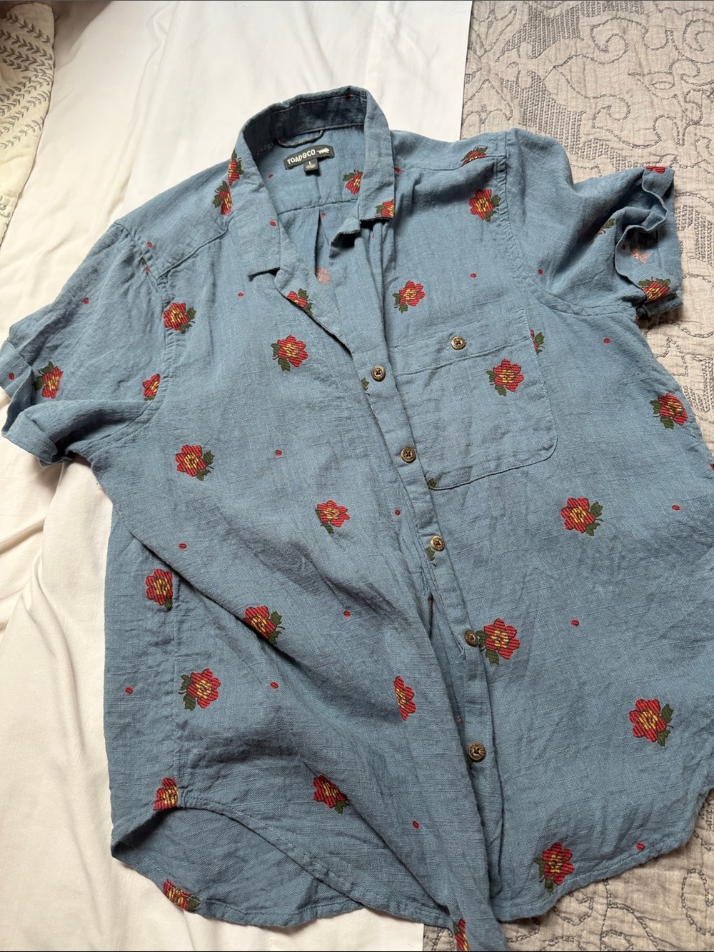 Toad&Co Light Blue Short Sleeve Button-Down with Red Floral Print